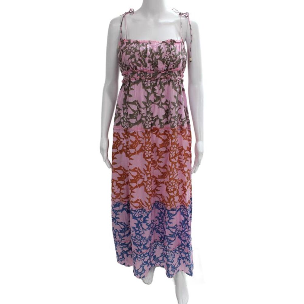 Hannah Womens Maxi Dress Pink Floral Square Neck Lace Up Boho Size 1